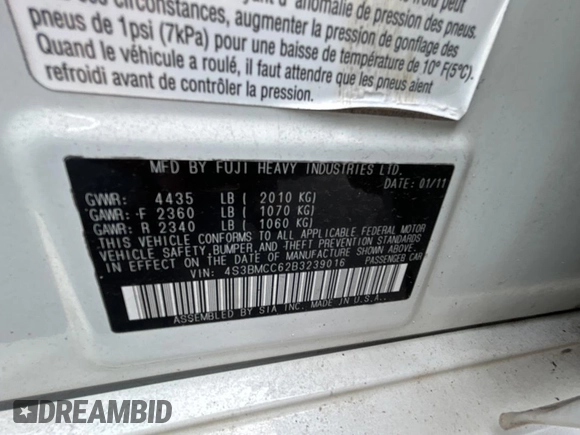 2011 Subaru Legacy Premium с VIN 4S3BMCC62B3239016, выставлен на аукционе Copart как лот 63824265 с пробегом 191 465 миль миль и Чистый • Clean title. История ставок и продаж доступна на DreamBid. Изображение 10.