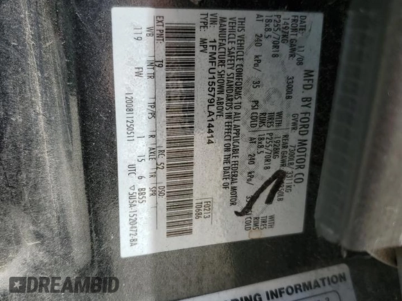 2009 Ford Expedition SSV z VIN 1FMFU15579LA14414, wystawiony jako Copart lot #66891294 z przebiegiem 179 353 mil mil oraz Szkoda całkowita • Salvage title. Historia ofert i sprzedaży dostępna na DreamBid. Obrazek 13.
