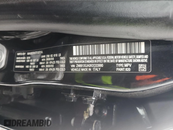 2019 Maserati Levante z VIN ZN661XUA0KX333990, wystawiony jako Copart lot #44766325 z przebiegiem Nie podano mil oraz Szkoda całkowita • Salvage title. Historia ofert i sprzedaży dostępna na DreamBid. Obrazek 15.