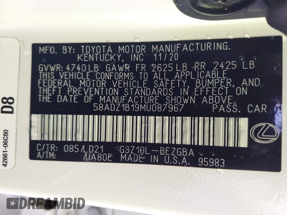 2021 Lexus ES with VIN 58ADZ1B19MU087967, listed as a IAAI auction lot 41680370 with 48,077 mi miles. Bid and sale history available at carsss.com. Image 9.
