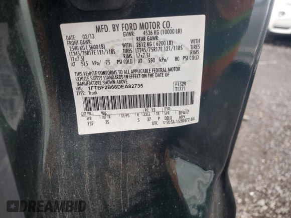 2013 Ford F-250 XL with VIN 1FTBF2B68DEA82735, listed as a Copart auction lot 58543855 with 106,710 mi miles and Salvage title. Bid and sale history available at DreamBid. Image 12.
