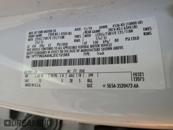 2020 Ford F-250 XL with VIN 1FT7W2A64LEC12385, listed as a Copart auction lot 77958334 with 122,635 mi miles and Salvage title. Bid and sale history available at DreamBid. Image 13.