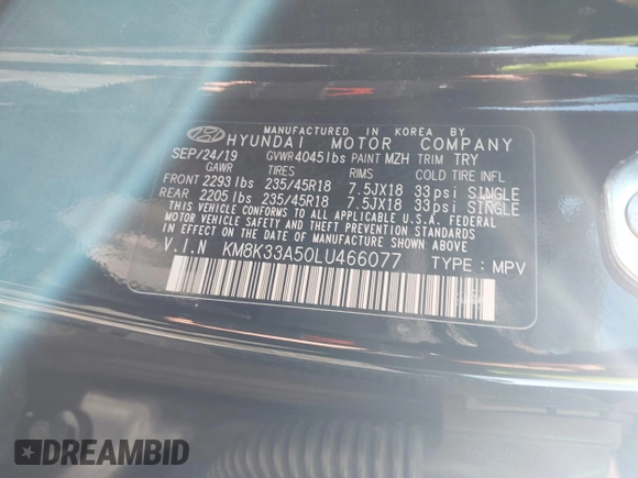 2020 Hyundai Kona Limited with VIN KM8K33A50LU466077, listed as a IAAI auction lot 41645256 with 73,305 mi miles. Bid and sale history available at carsss.com. Image 9.