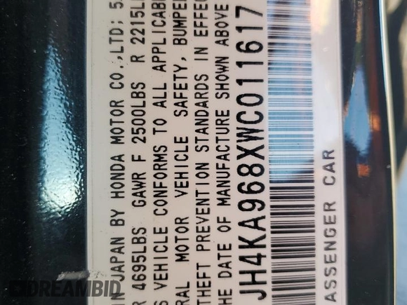 1998 Acura RL Special Edition with VIN JH4KA968XWC011617, listed as a Copart auction lot 76328934 with 0 mi miles and Salvage Title. Bid and sale history available at carsss.com. Image 12.