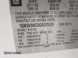2016 Chevrolet Tahoe LT z VIN 1GNSKBKC8GR325630, wystawiony jako IAAI lot #41939244 z przebiegiem 177 948 mil mil oraz . Historia ofert i sprzedaży dostępna na DreamBid. Obrazek 9.