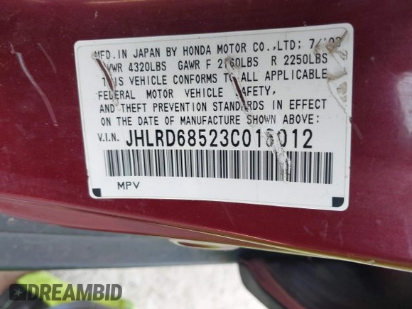 2003 Honda CR-V LX with VIN JHLRD68523C016012, listed as a IAAI auction lot 41797215 with 219,821 mi miles and . Bid and sale history available at DreamBid. Image 9.