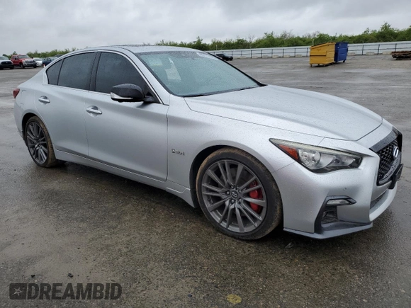 2018 Infiniti Q50 Red Sport 400 with VIN JN1FV7AP7JM461483, listed as a Copart auction lot 49177425 with 115,605 mi miles and Salvage title. Bid and sale history available at DreamBid. Image 4.