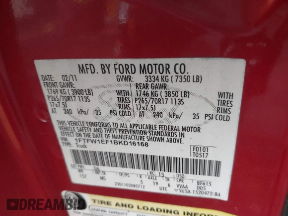 2011 Ford F-150 XL with VIN 1FTFW1EF1BKD16168, listed as a IAAI auction lot 42659851 with 256,032 mi miles and . Bid and sale history available at DreamBid. Image 9.