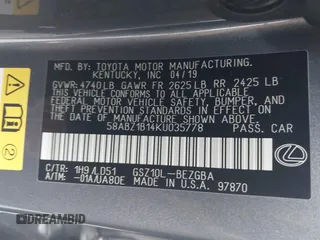 2019 Lexus ES 350 z VIN 58ABZ1B14KU035778, wystawiony jako IAAI lot #41959262 z przebiegiem 36 873 mil mil oraz . Historia ofert i sprzedaży dostępna na DreamBid. Obrazek 9.