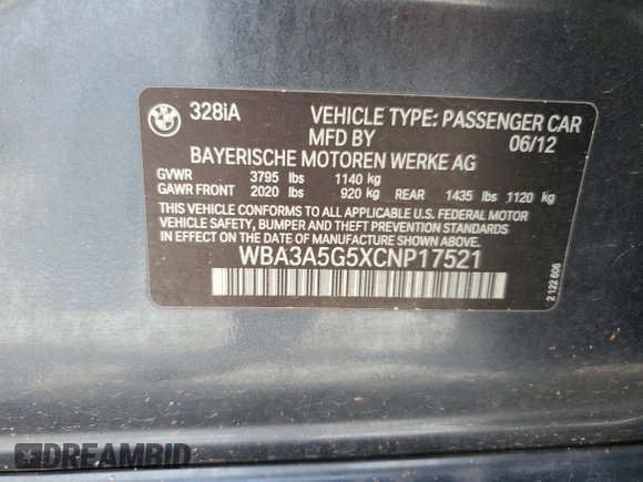2012 BMW 3 Series 328i with VIN WBA3A5G5XCNP17521, listed as a Copart auction lot 47392925 with 151,120 mi miles and Clean Title. Bid and sale history available at carsss.com. Image 12.