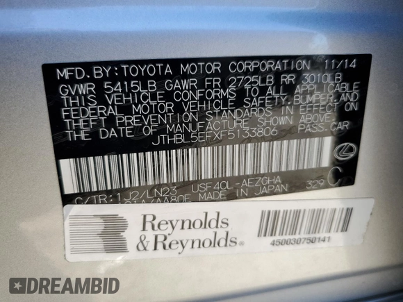2015 Lexus LS 460 with VIN JTHBL5EFXF5133806, listed as a Copart auction lot 81493074 with 158,601 mi miles and Salvage title. Bid and sale history available at DreamBid. Image 13.