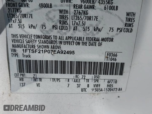 2007 Ford F-250 XL with VIN 1FTSF21P07EA92495, listed as a Copart auction lot 49244215 with 326,854 mi miles and Clean Title. Bid and sale history available at DreamBid. Image 12.