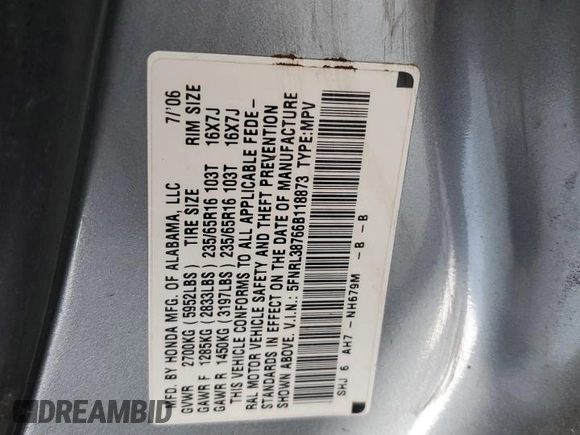 2006 Honda Odyssey EX-L with VIN 5FNRL38766B118873, listed as a Copart auction lot 53879325 with 290,716 mi miles and Salvage Title. Bid and sale history available at carsss.com. Image 13.