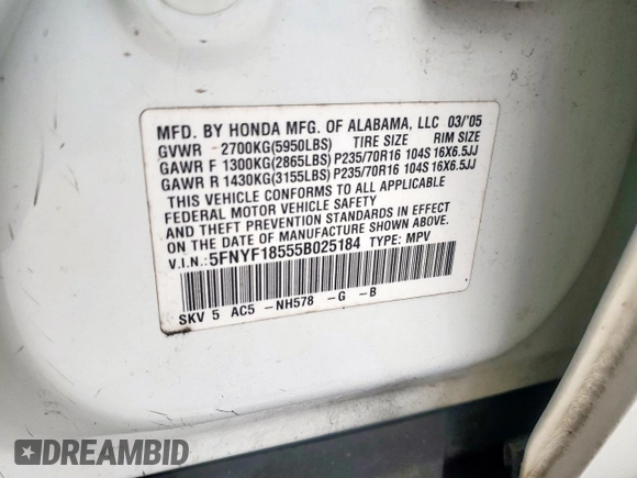 2005 Honda Pilot EX-L z VIN 5FNYF18555B025184, wystawiony jako Copart lot #58084295 z przebiegiem 161 863 mil mil oraz Szkoda całkowita • Salvage title. Historia ofert i sprzedaży dostępna na DreamBid. Obrazek 13.