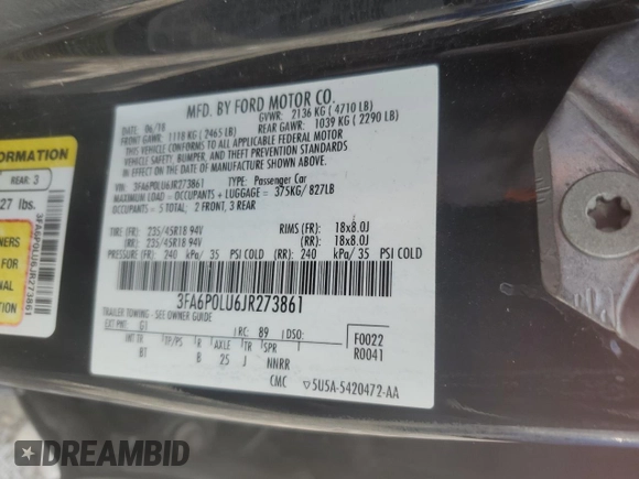 2018 Ford Fusion SE z VIN 3FA6P0LU6JR273861, wystawiony jako Copart lot #55722005 z przebiegiem 127 633 mil mil oraz Szkoda całkowita • Salvage title. Historia ofert i sprzedaży dostępna na DreamBid. Obrazek 12.