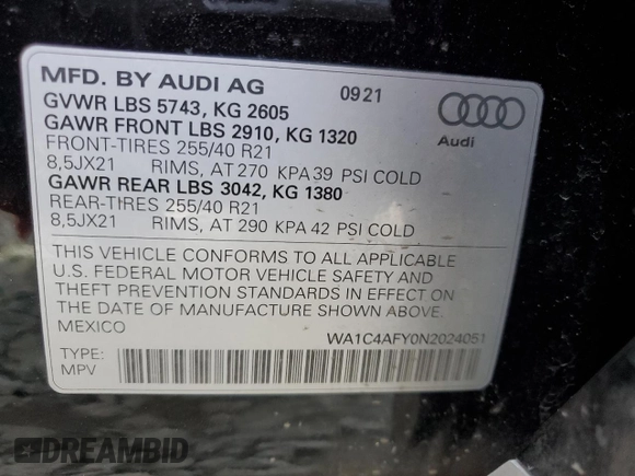 2022 Audi SQ5 Prestige with VIN WA1C4AFY0N2024051, listed as a Copart auction lot 44236384 with 26,607 mi miles. Bid and sale history available at carsss.com. Image 13.