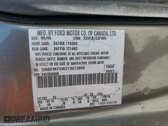 2001 Mercury Grand Marquis LS with VIN 2MEFM75W31X612800, listed as a Copart auction lot 50886005 with 58,400 mi miles and Salvage Title. Bid and sale history available at DreamBid. Image 13.