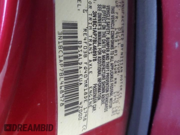 2011 Nissan Versa S with VIN 3N1BC1AP7BL468978, listed as a Copart auction lot 51956355 with 131,307 mi miles and Salvage title. Bid and sale history available at DreamBid. Image 13.