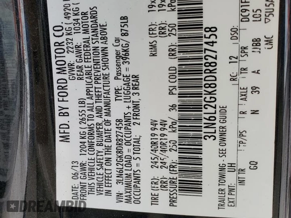 2013 Lincoln MKZ z VIN 3LN6L2GK8DR827458, wystawiony jako Copart lot #58346375 z przebiegiem 123 434 mil mil oraz Szkoda całkowita • Salvage title. Historia ofert i sprzedaży dostępna na DreamBid. Obrazek 12.