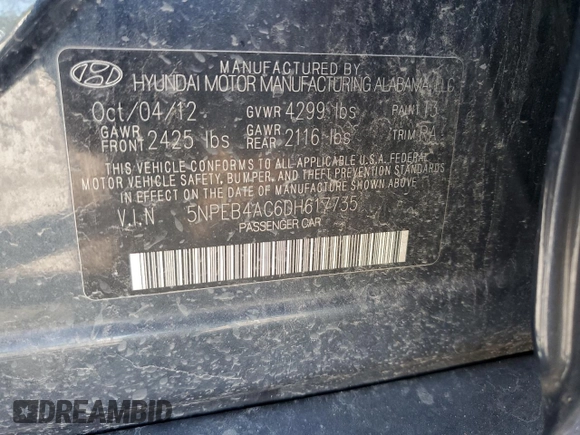 2013 Hyundai Sonata GLS with VIN 5NPEB4AC6DH617735, listed as a Copart auction lot 69898814 with 82,387 mi miles and Salvage Title. Bid and sale history available at carsss.com. Image 13.