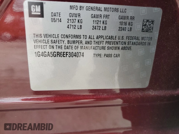 2014 Buick LaCrosse with VIN 1G4GA5GR6EF304074, listed as a Copart auction lot 59717635 with 63,999 mi miles and Salvage title. Bid and sale history available at DreamBid. Image 12.