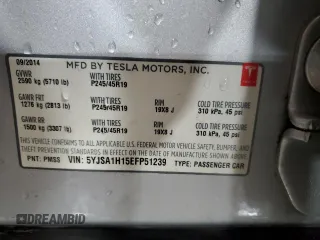 2014 Tesla Model S 60 with VIN 5YJSA1H15EFP51239, listed as a Copart auction lot 59214485 with 153,554 mi miles and Salvage title. Bid and sale history available at DreamBid. Image 12.