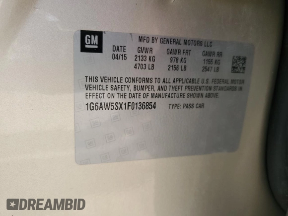 2015 Cadillac CTS AWD with VIN 1G6AW5SX1F0136854, listed as a Copart auction lot 52522065 with Not provided miles and Salvage title. Bid and sale history available at DreamBid. Image 13.