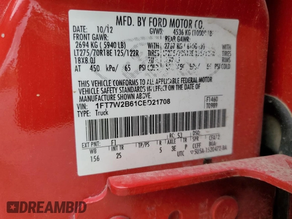 2012 Ford F-250 XL z VIN 1FT7W2B61CED21708, wystawiony jako Copart lot #51152275 z przebiegiem 255 097 mil mil oraz Nie do naprawy • Non repairable. Historia ofert i sprzedaży dostępna na DreamBid. Obrazek 12.