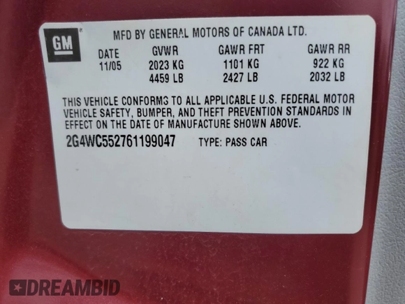 2006 Buick LaCrosse CX with VIN 2G4WC552761199047, listed as a Copart auction lot 58769235 with 166,192 mi miles and Clean title. Bid and sale history available at DreamBid. Image 12.