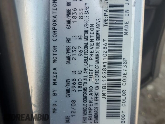 2010 Mazda 3 i Touring with VIN JM1BL1SG8A1102867, listed as a Copart auction lot 55355085 with 102,184 mi miles and Salvage Title. Bid and sale history available at DreamBid. Image 12.
