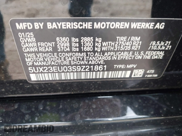 2025 BMW X5 xDrive40i with VIN 5UX23EU03S9Z21861, listed as a IAAI auction lot 41852928 with 992 mi miles and . Bid and sale history available at DreamBid. Image 9.