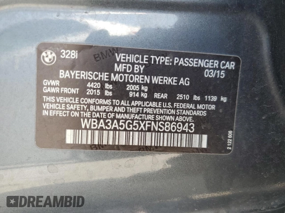 2015 BMW 3 Series 328i with VIN WBA3A5G5XFNS86943, listed as a Copart auction lot 57620325 with 154,165 mi miles and Salvage title. Bid and sale history available at DreamBid. Image 12.