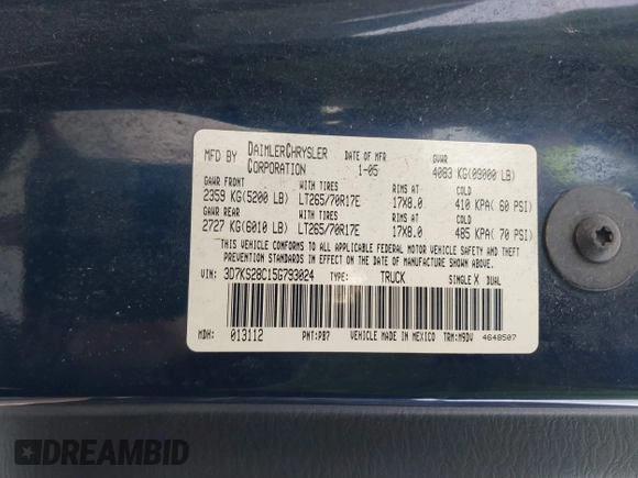 2005 Dodge 2500 SLT with VIN 3D7KS28C15G793024, listed as a IAAI auction lot 41703984 with 175,928 mi miles and . Bid and sale history available at DreamBid. Image 9.