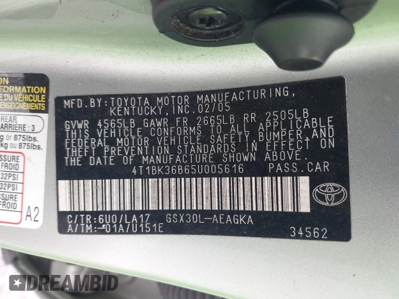 2005 Toyota Avalon XL with VIN 4T1BK36B65U005616, listed as a IAAI auction lot 41404396 with 99,397 mi miles and . Bid and sale history available at DreamBid. Image 9.