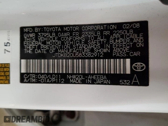 2008 Toyota Prius с VIN JTDKB20U583382912, выставлен на аукционе Copart как лот 59784245 с пробегом 198 846 миль миль и Чистый • Clean title. История ставок и продаж доступна на DreamBid. Изображение 12.