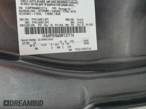 2011 Ford Focus SE with VIN 1FAHP3FN6BW127716, listed as a Copart auction lot 65774114 with 171,096 mi miles and Salvage Title. Bid and sale history available at DreamBid. Image 12.