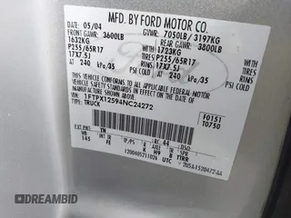 2004 Ford F-150 XL z VIN 1FTPX12594NC24272, wystawiony jako IAAI lot #42630837 z przebiegiem 191 936 mil mil oraz . Historia ofert i sprzedaży dostępna na DreamBid. Obrazek 9.