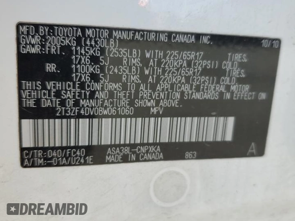2011 Toyota RAV4 with VIN 2T3ZF4DV0BW061060, listed as a Copart auction lot 56584985 with 246,476 mi miles and Clean Title. Bid and sale history available at DreamBid. Image 13.