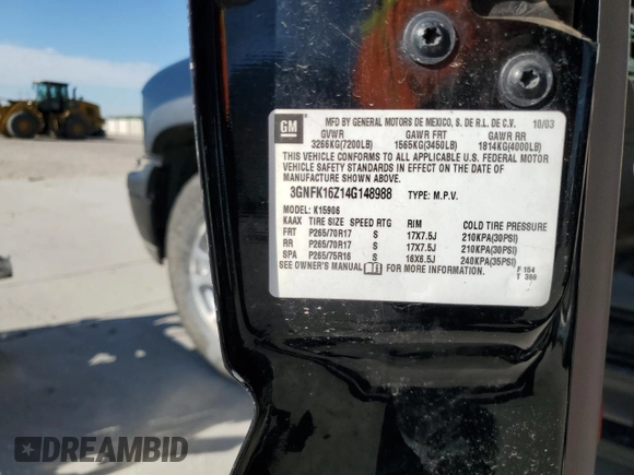 2004 Chevrolet Suburban Z71 with VIN 3GNFK16Z14G148988, listed as a Copart auction lot 58481704 with 0 mi miles and Salvage Title. Bid and sale history available at carsss.com. Image 12.
