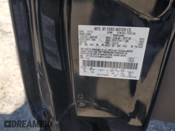 2011 Ford F-150 XL with VIN 1FTFX1CF2BFC30991, listed as a Copart auction lot 58863275 with 179,711 mi miles and Salvage title. Bid and sale history available at DreamBid. Image 12.
