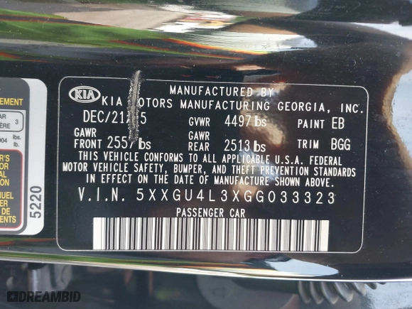 2016 Kia Optima EX with VIN 5XXGU4L3XGG033323, listed as a IAAI auction lot 42088998 with 134,686 mi miles. Bid and sale history available at carsss.com. Image 9.