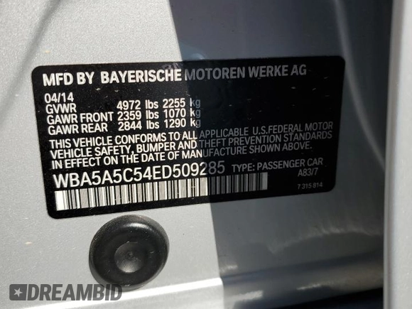 2014 BMW 5 Series 528i with VIN WBA5A5C54ED509285, listed as a Copart auction lot 52080765 with 104,802 mi miles and Salvage Title. Bid and sale history available at carsss.com. Image 12.