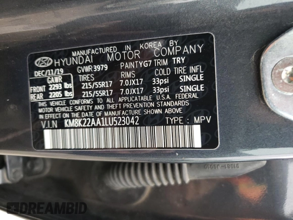 2020 Hyundai Kona SEL with VIN KM8K22AA1LU523042, listed as a Copart auction lot 71106232 with 42,282 mi miles. Bid and sale history available at carsss.com. Image 15.