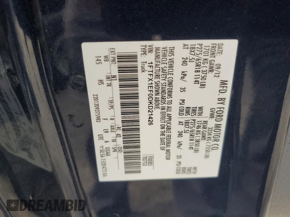 2013 Ford F-150 XL with VIN 1FTFX1EF0DKD21426, listed as a Copart auction lot 60799695 with 77,862 mi miles and Salvage title. Bid and sale history available at DreamBid. Image 12.