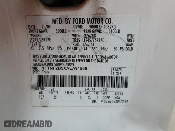 2010 Ford F-250 XL с VIN 1FTNF2B5XAEA91565, выставлен на аукционе Copart как лот 59018855 с пробегом 106 063 миль миль и Чистый • Clean title. История ставок и продаж доступна на DreamBid. Изображение 12.