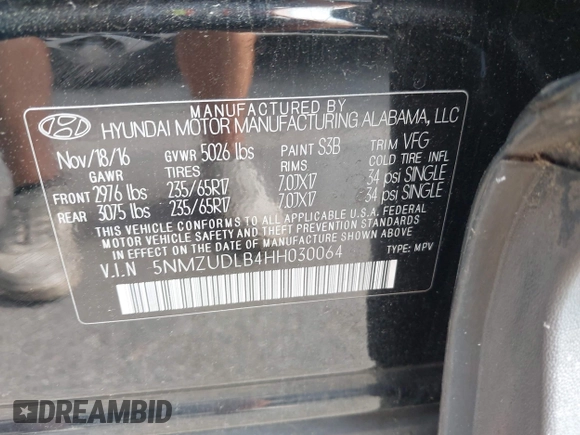 2017 Hyundai Santa Fe 2.4L with VIN 5NMZUDLB4HH030064, listed as a IAAI auction lot 42288147 with 89,297 mi miles and . Bid and sale history available at DreamBid. Image 9.