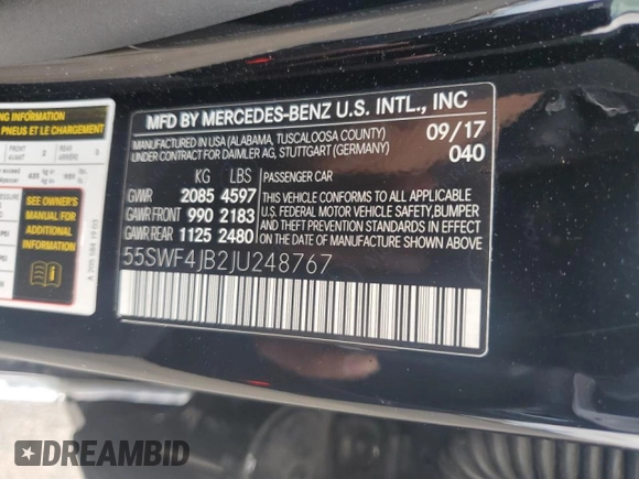 2018 Mercedes-Benz C with VIN 55SWF4JB2JU248767, listed as a Copart auction lot 49013685 with 29,055 mi miles and Clean Title. Bid and sale history available at carsss.com. Image 13.