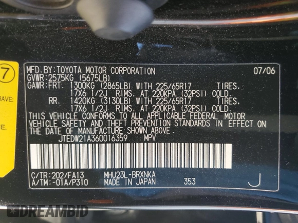 2006 Toyota Highlander Hybrid with VIN JTEDW21A360016359, listed as a Copart auction lot 68872664 with 195,906 mi miles and Salvage Title. Bid and sale history available at carsss.com. Image 12.
