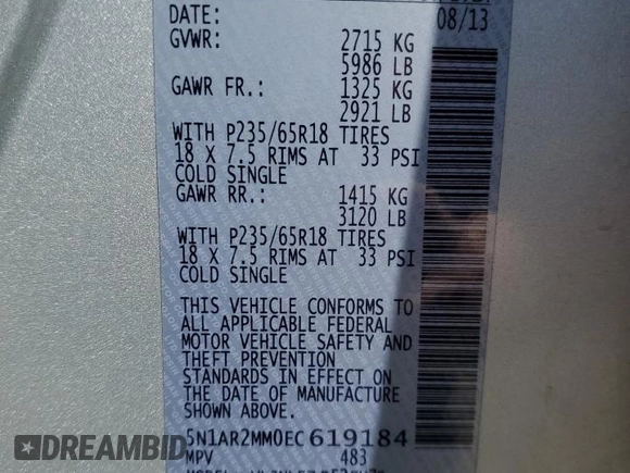 2014 Nissan Pathfinder Platinum with VIN 5N1AR2MM0EC619184, listed as a Copart auction lot 50825225 with 78,287 mi miles and Salvage Title. Bid and sale history available at carsss.com. Image 13.