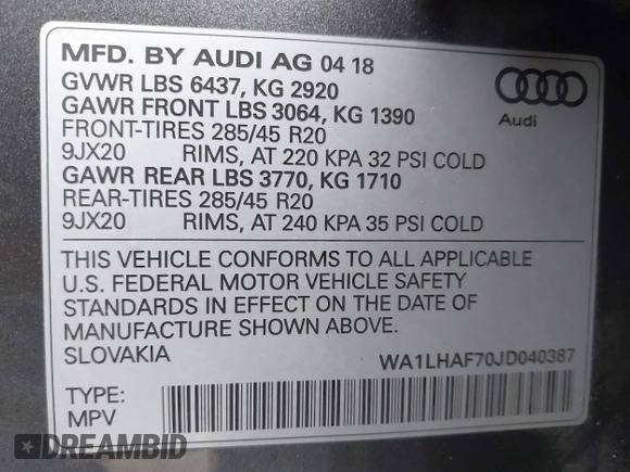 2018 Audi Q7 Premium Plus with VIN WA1LHAF70JD040387, listed as a IAAI auction lot 41087797 with 75,031 mi miles. Bid and sale history available at carsss.com. Image 9.